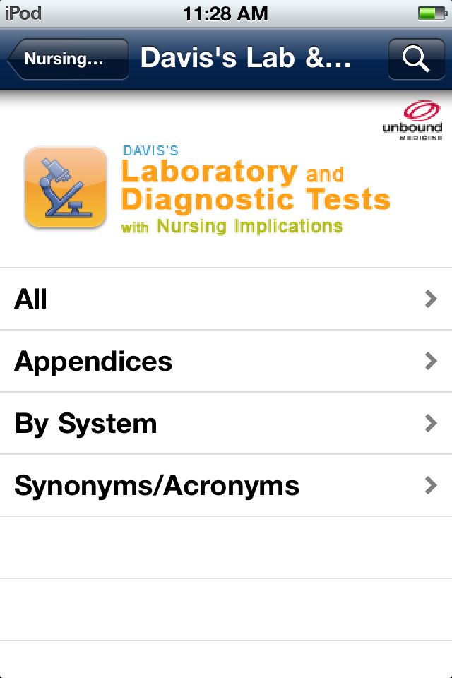 iPod and iPhone screenshot - Davis's Comprehensive Handbook of Laboratory and Diagnostic Tests With Nursing Implications
